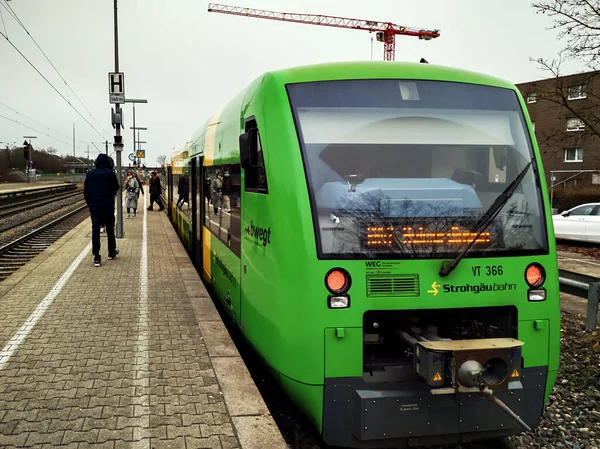 Korntal Germany December 2021 Train Stattion Green Yellow Strohgaeubahn Which — Fotografia de Stock