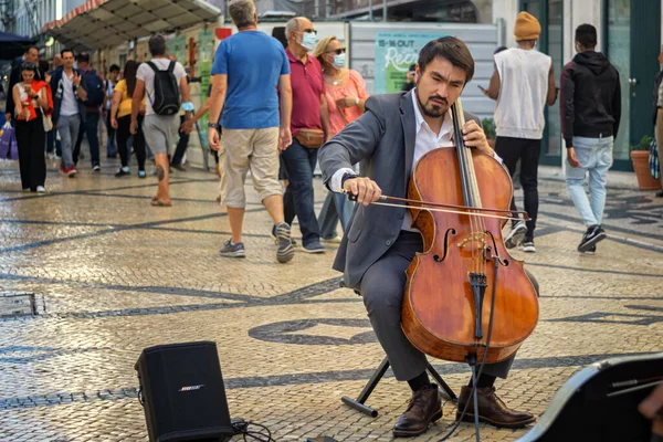 Lisboa Portugal October 2021 Baixa Beardy Street Musician Playing His — Foto Stock