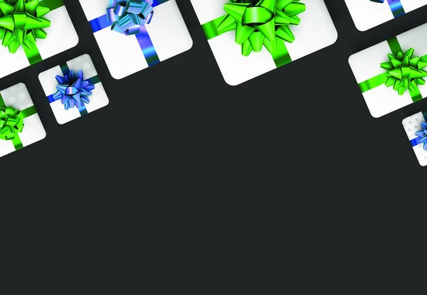 Білі Коробки Синьою Зеленою Стрічкою Чорному Фоні Різдво День Народження — стоковий вектор