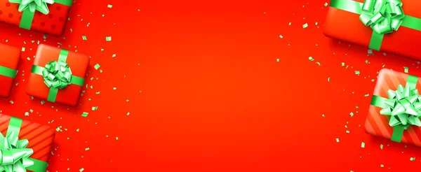 ギフトボックスと赤いリボンのクリスマスの背景 フラット レイトップ ビュー — ストックベクタ