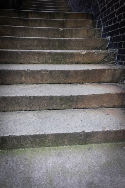 Old Narrow Weathered Slightly Damaged Stony Staircase Day Nobody Vertical — Foto de Stock