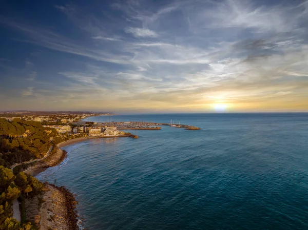 Breathtaking Drone View Coastal City Port Located Rippling Sea Cloudy — Stok fotoğraf