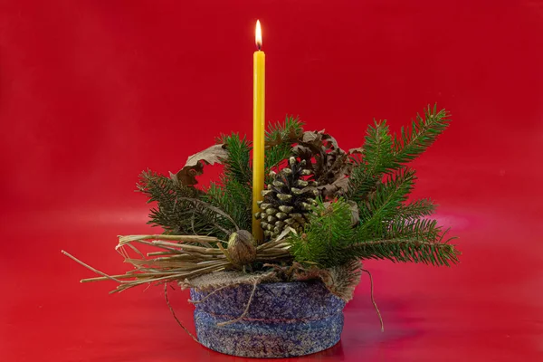 Christmas Decoration Red Candle Fir Tree Branch — Stockfoto
