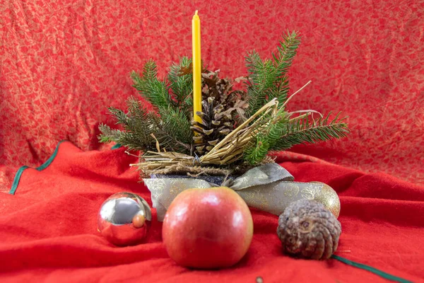 Christmas Decoration Red Candle Fir Tree — Stock Photo, Image