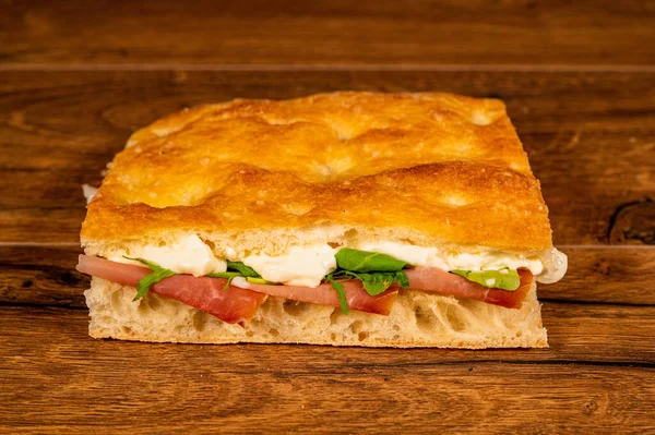 Stuffed Focaccia Wooden Surface — Stock Photo, Image