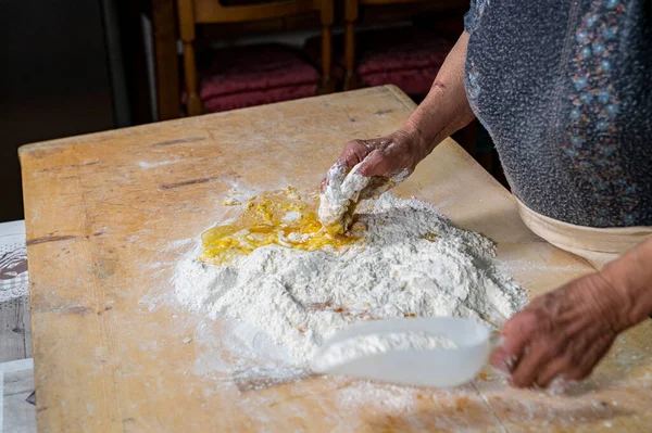 Grandmother Preparing Homemade Dough Dough Flour Eggs — Stock Photo, Image