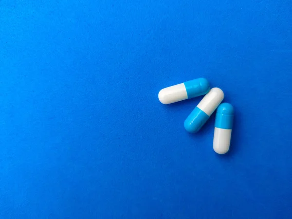 Top View Pills Capsules Copy Space Blue Background Selective Focus — Stockfoto