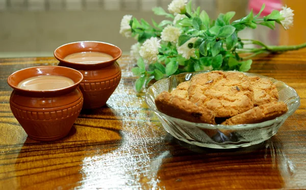Tea Indian Handmade Matir Bhar Clay Cup Homemade Cookies Glass — Stock Photo, Image