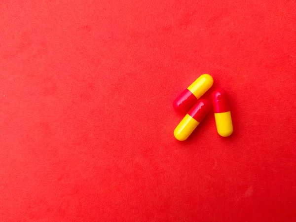 Top View Piles Pills Capsules Copy Space Red Background Selective — Stock Fotó