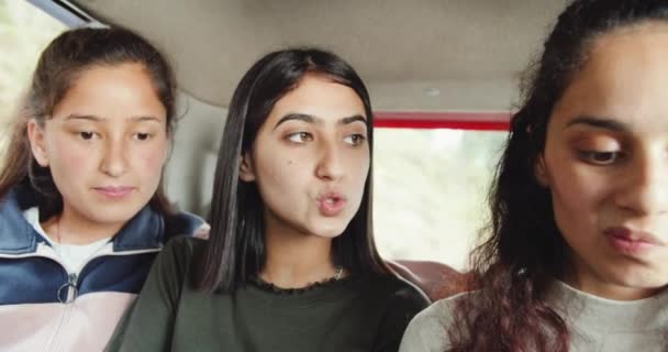 Group Female Friends Riding Car Forest — Stock Video
