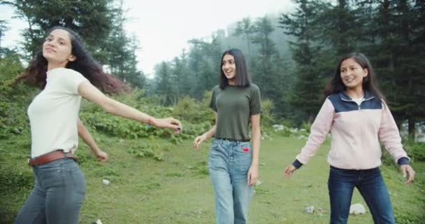 Group Female Friends Hiking Forest — 비디오