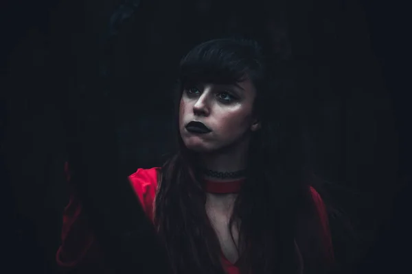 Portrait Beautiful Young Woman Red Hair Black Dress Dark Background — Fotografia de Stock