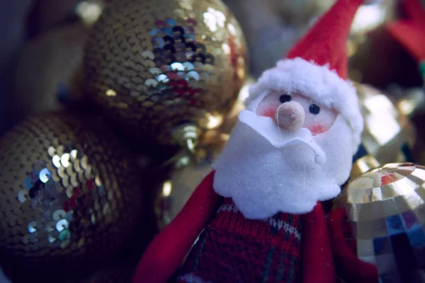 New Year Toy Santa Claus Golden Shimmering Balls Background Christmas — Fotografia de Stock