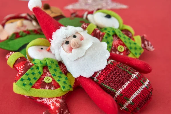 Fabric Miniature Christmas Ornament Decoration Red Background Santa Claus Snowman — Stock Photo, Image