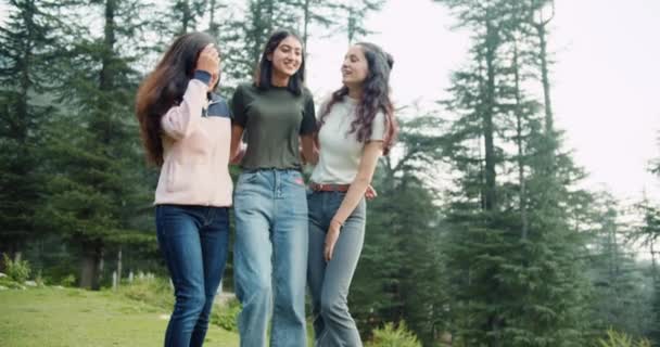 森の中を歩く女性の友達のグループ — ストック動画