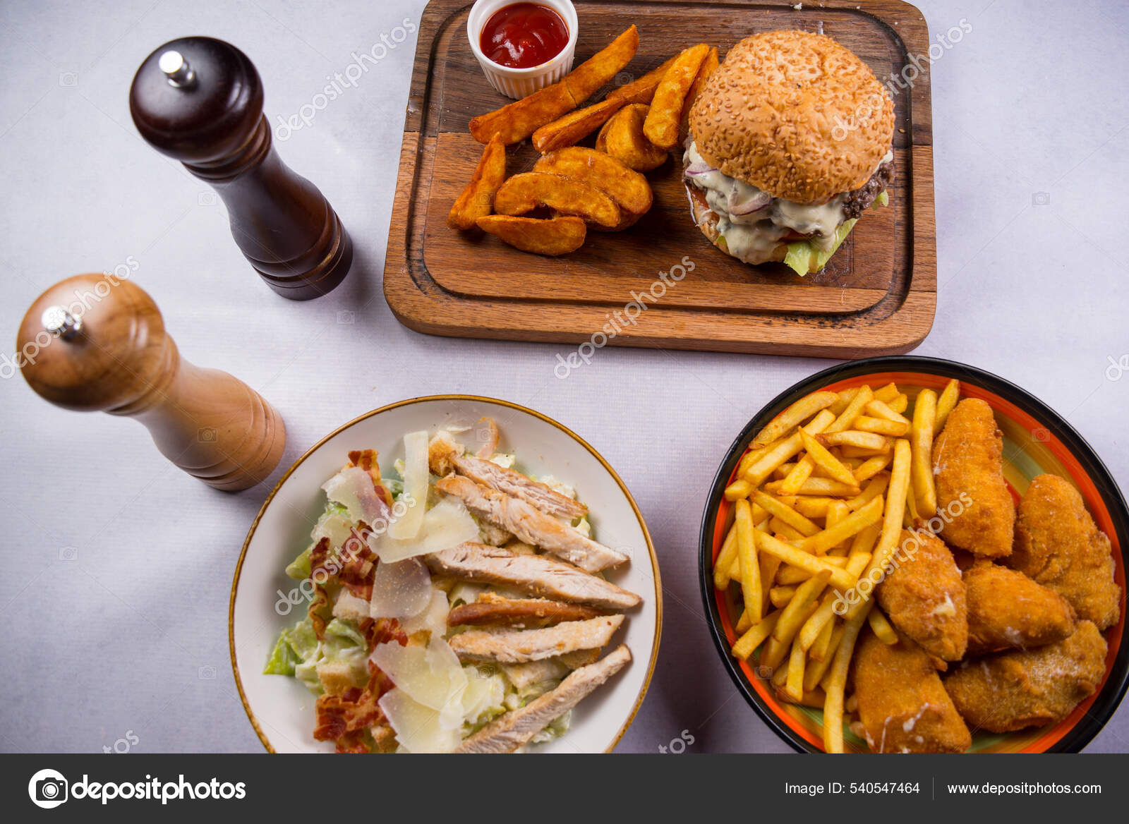 Fried Chicken Wings French Fries Ketchup Wooden Background Stock Photo