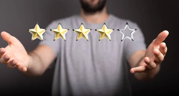 Business Man Hand Holding Star Rating Stars Conceito Feedback Ranking — Fotografia de Stock