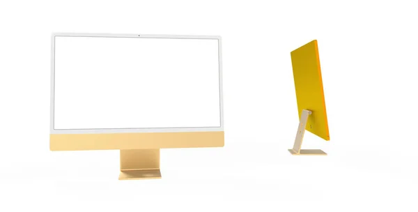 Rendering Yellow Gold Computer Monitor Isolated White Background — Zdjęcie stockowe