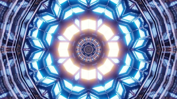 Μια Τρισδιάστατη Απεικόνιση Ενός Μπλε Λουλουδιού Σχήμα Καλειδοσκοπικού Μοτίβου Φωτισμένα — Φωτογραφία Αρχείου
