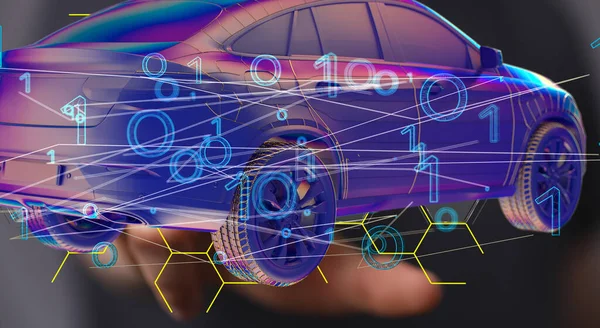 Подвійна Експозиція Абстрактного Творчого Автомобіля Голограмою Світовою Картою Фоні Концепція — стокове фото
