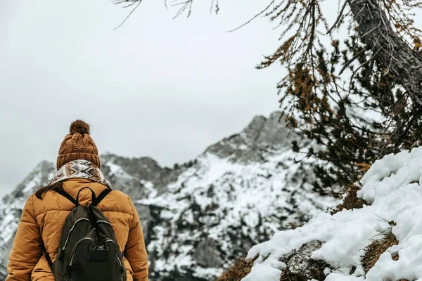 Chica Excursionista Caminando Las Montañas Cubiertas Nieve — Foto de Stock