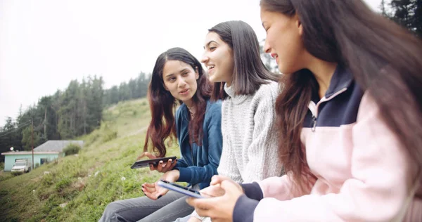 Group Young Friends Having Fun Using Digital Tablet While Sitting — Photo