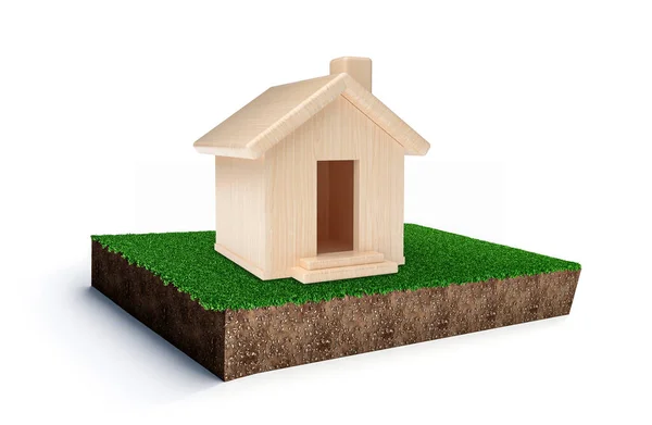 Render Wooden Mini House Grass Patch Soil Earth Cut Piece — 图库照片