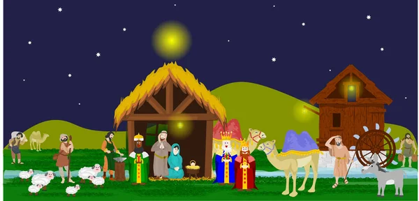 Vektorové Vánoční Ilustrace Mariou Josefem Malým Ježíšem — Stockový vektor