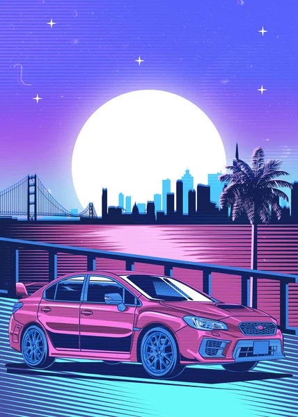 Retro Red Car Synthwave Poster Vaporwave Sunset Neon Gradient Background — Fotografia de Stock