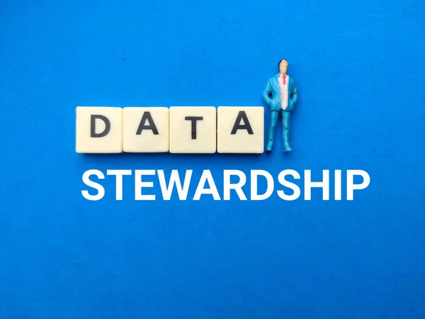 Miniature People Text Data Stewardship Blue Background — Stock Photo, Image