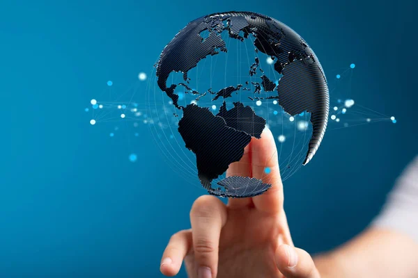 Mão Segurando Mapa Mundo Com Conceito Rede Global — Fotografia de Stock