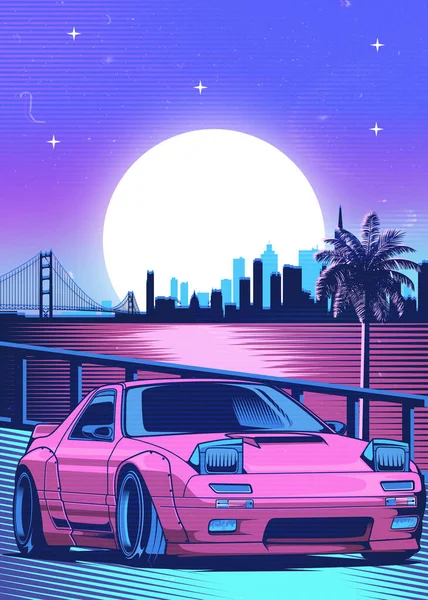 Retro Red Car Synthwave Poster Vaporwave Sunset Neon Gradient Background — Stockfoto
