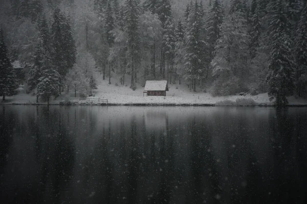 Winter Scenery Lake Lodge Coniferous Forest — ストック写真