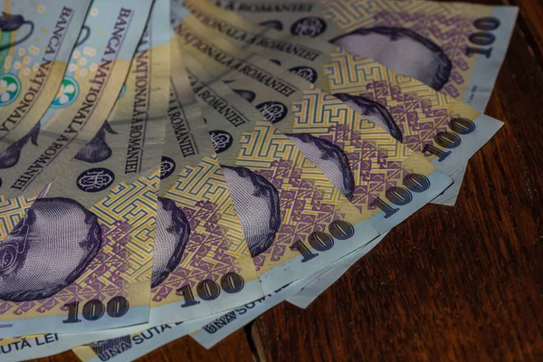 Peníze Stole Lei Stole Zblízka Obchodní Koncept Rumunská Měna — Stock fotografie