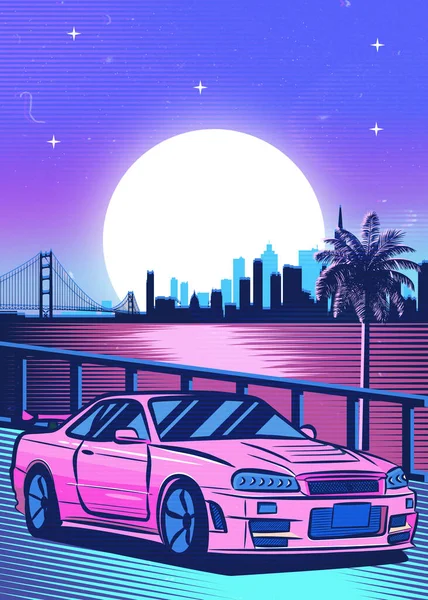 Retro Red Car Synthwave Poster Vaporwave Sunset Neon Gradient Background — Photo