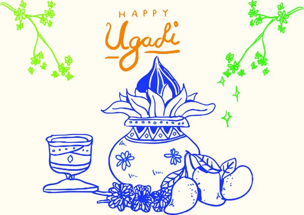 Σχέδιο Σκίτσο Του Happy Ugadi Gudi Padwa Φεστιβάλ Συνοπτική Απεικόνιση — Διανυσματικό Αρχείο