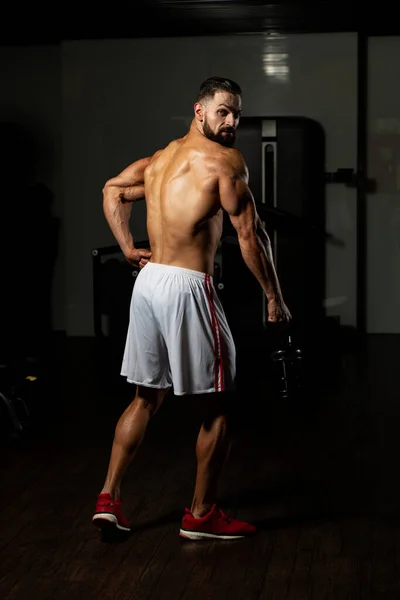 美しいスポーティ男男性パワー ジムダンベル曲げ筋肉フィットネスモデルの筋肉の男が強く あご立って — ストック写真