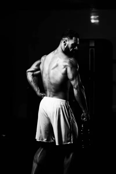 漂亮的健美男子男子气概 体格健壮的男子在健身房哑铃柔韧的肌肉健康模型站立强壮的下巴 — 图库照片