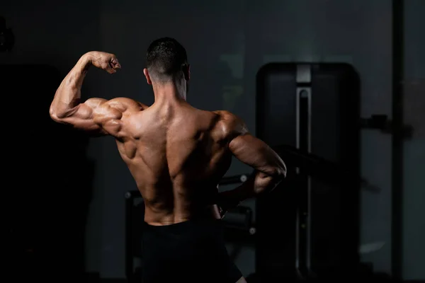 Hermoso Chico Deportivo Potencia Masculina Hombre Muscular Gimnasio Mancuerna Flexionar — Foto de Stock