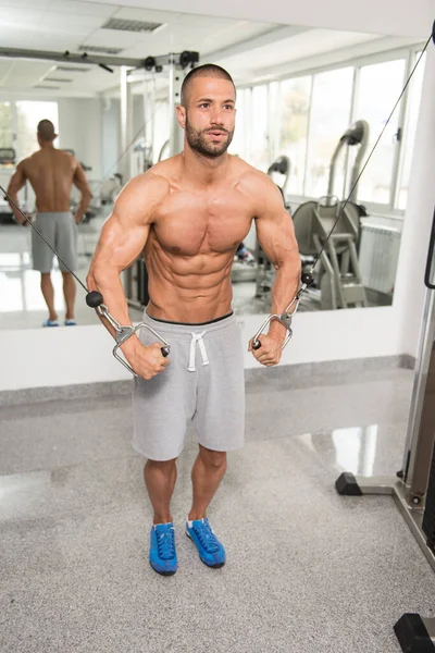 Bellissimo Ragazzo Sportivo Potere Maschile Uomo Muscoloso Palestra Manubrio Flessione — Foto Stock