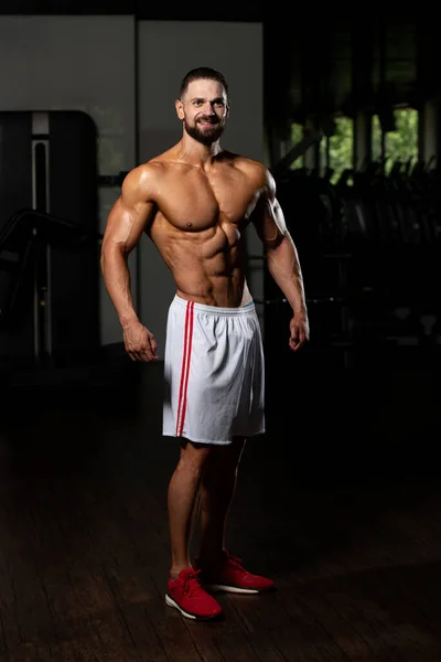 Beautiful Sporty Guy Male Power Muscular Man Gym Dumbbell Flexing — Stock Photo, Image