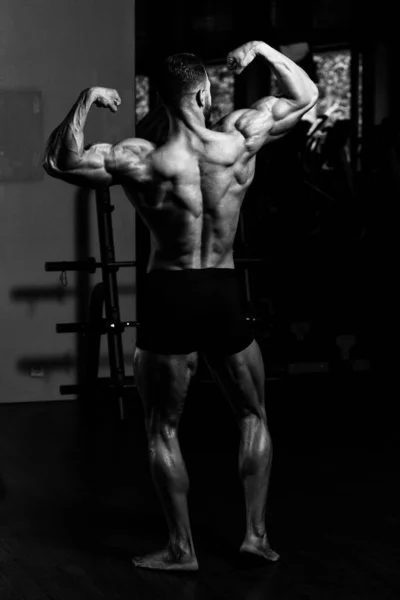 Hermoso Chico Deportivo Potencia Masculina Hombre Muscular Gimnasio Mancuerna Flexionar — Foto de Stock