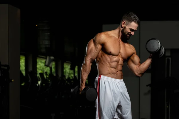 Beautiful Sporty Guy Male Power Muscular Man Gym Dumbbell Flexing — Stock Photo, Image