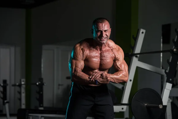 Bellissimo Ragazzo Sportivo Potere Maschile Uomo Muscoloso Palestra Manubrio Flessione — Foto Stock