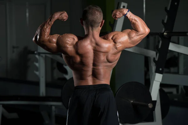 Beautiful Sporty Guy Male Power Muscular Man Gym Dumbbell Flexing — Stock Photo, Image