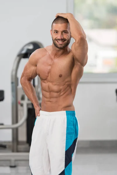 Bellissimo Ragazzo Sportivo Potere Maschile Uomo Muscoloso Palestra Manubrio Flessione — Foto Stock