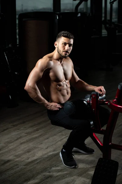 Bel Homme Musclé Dans Gymnase Haltère Flexion Des Muscles Modèle — Photo