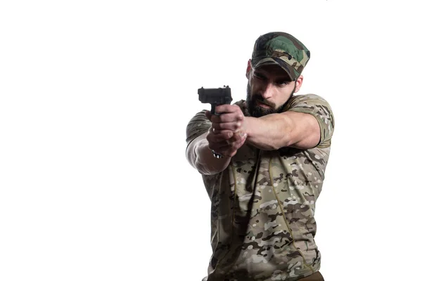 Hombre Con Arma Fondo Blanco Ejército Las Fuerzas Especiales Soldado — Foto de Stock