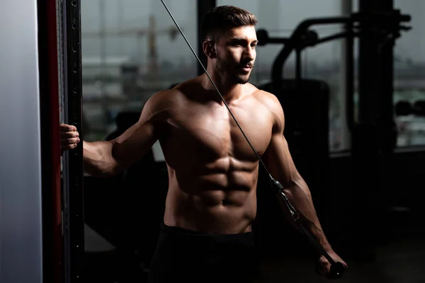 Bonito Muscular Homem Ginásio Haltere Flexionando Músculos Fitness Modelo Forte — Fotografia de Stock