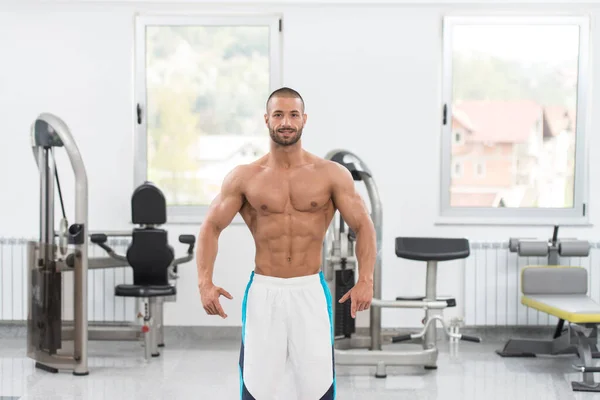 Bonito Desportivo Cara Poder Masculino Homem Muscular Ginásio Haltere Flexionando — Fotografia de Stock